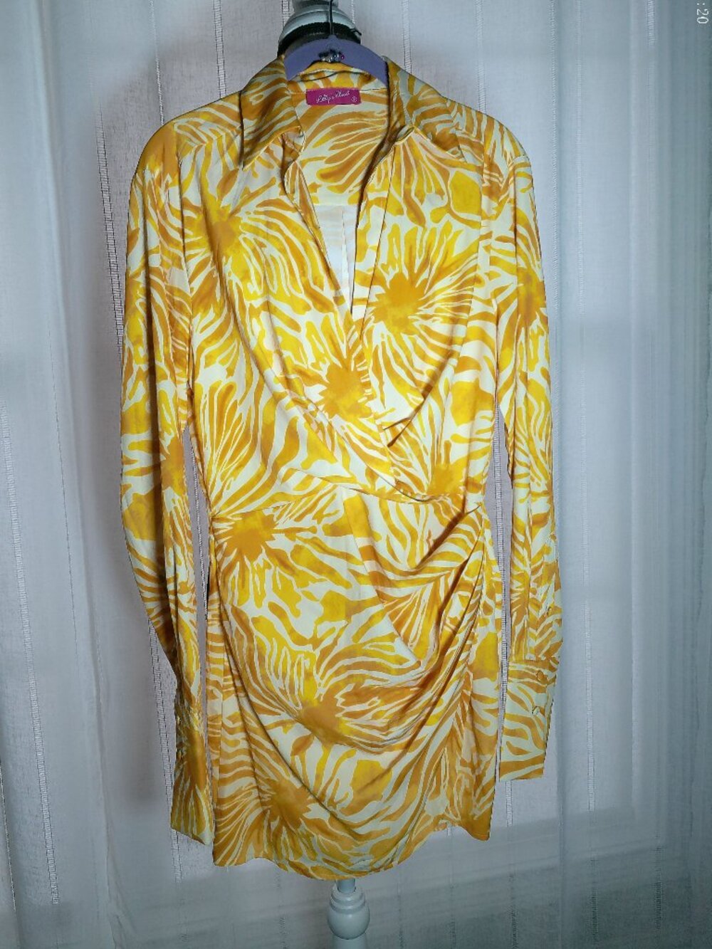 LILLY'S KLOSET Long Slve Wrap Around Size Zip White w/Yellow Floral Mini Dress S